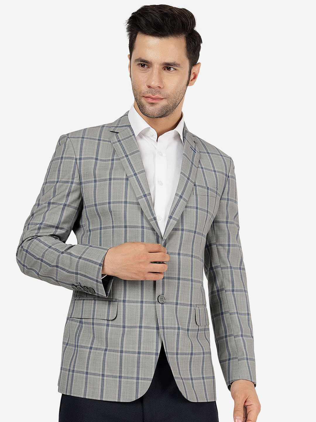 JB STUDIO Checked Notched Lapel Collar Double Vent Single Breasted Blazer