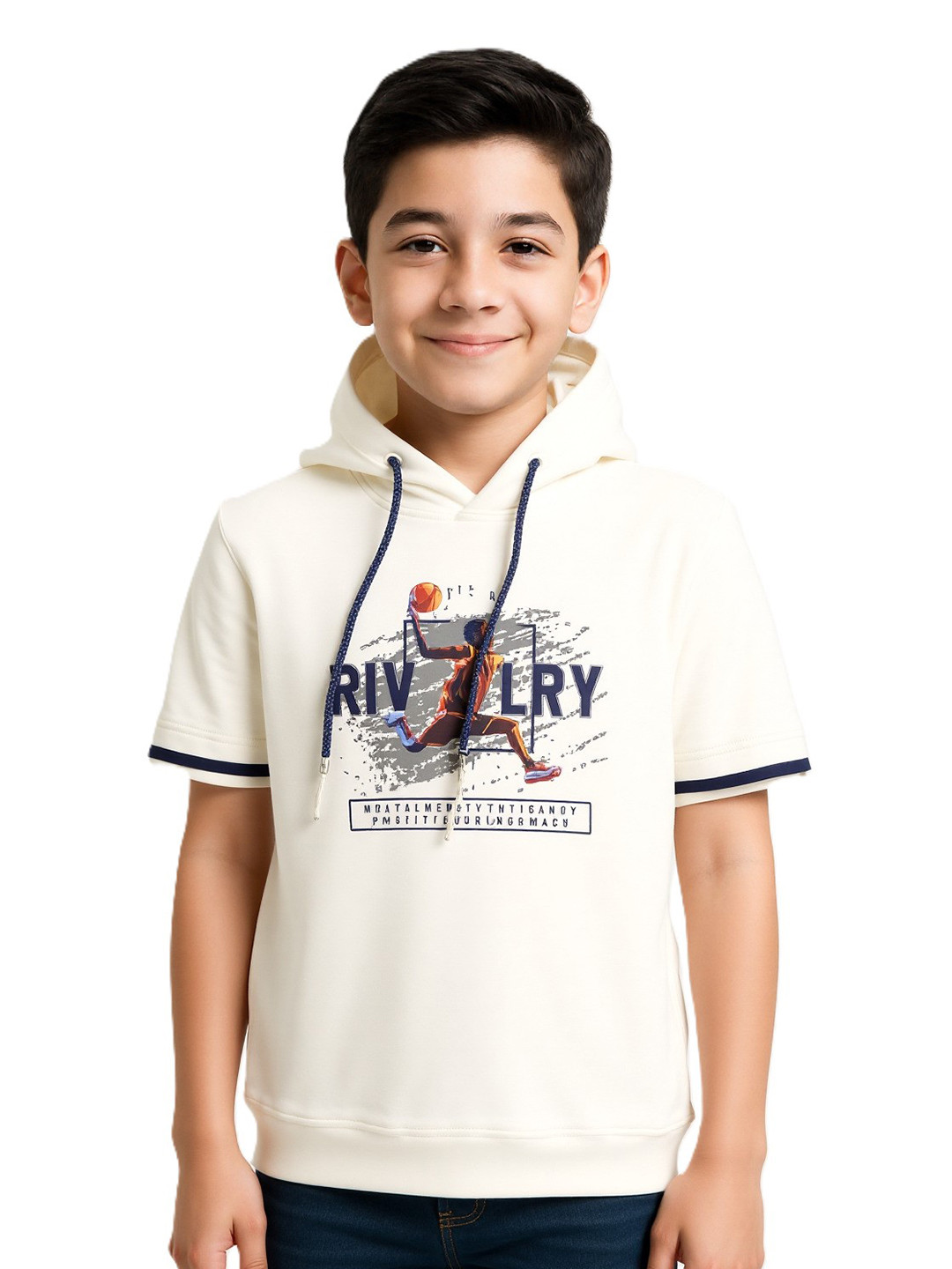 CAVIO Boys White & Black Sports Printed Hooded  T-shirt