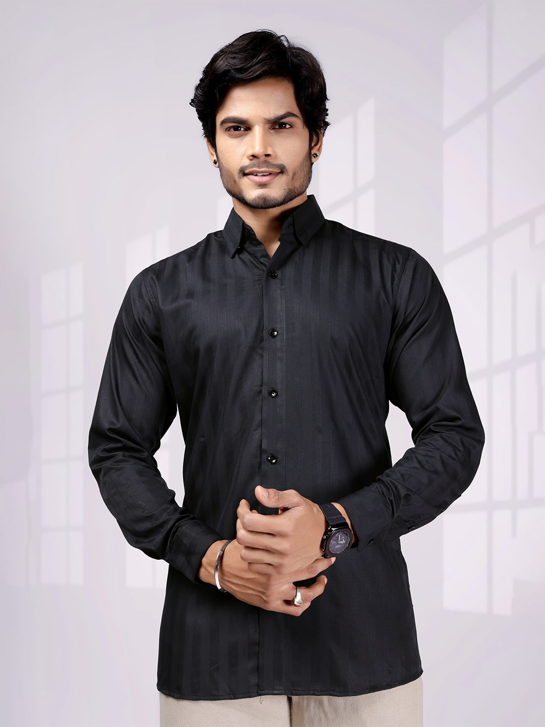 RICH STAG Men Comfort Slim Fit Vertical Striped Spread Collar Cotton Casual Shirt