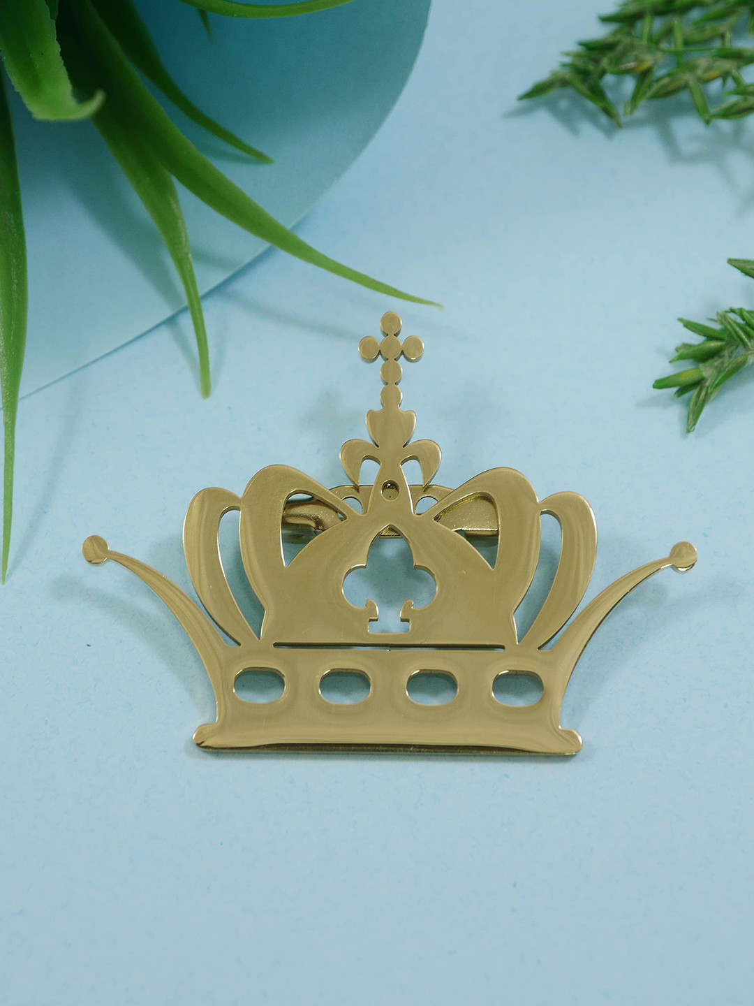 ADORN Unisex Stainless Steel Gold Plated Royal Crown Shaped Minimal Brooch