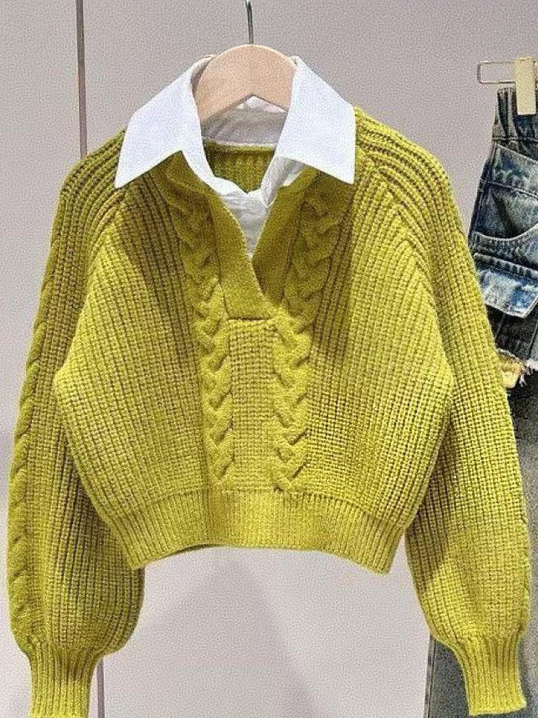 YK Girls Cable Knit Self Design Shirt Collar Long Sleeves Pullover Sweaters