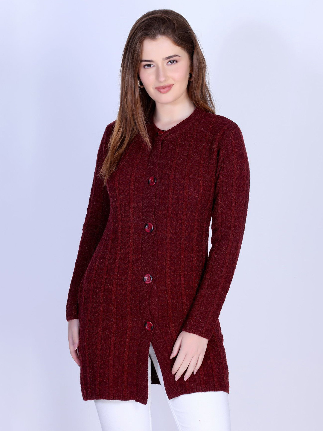 Roadster Women Cable Knit Henley Neck Button Closure Longline Cardigan