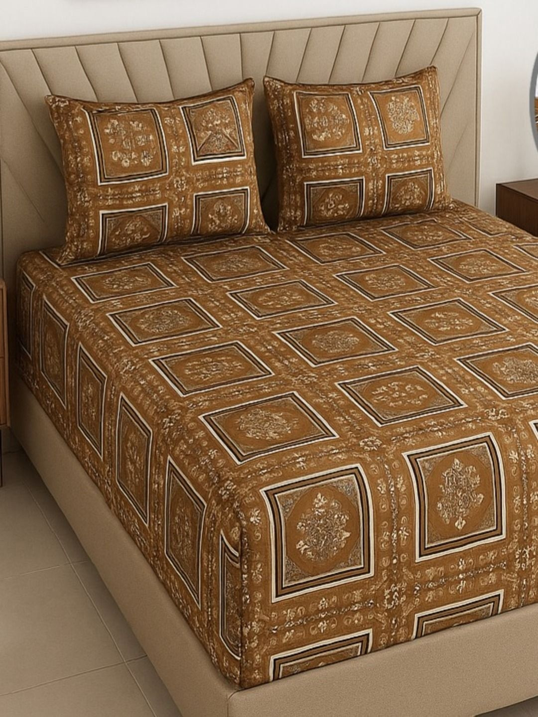 Threadwear Coffee Brown & White Ethnic Motifs Printed 400 TC Queen Bedsheet Set-2.5mx2.3m