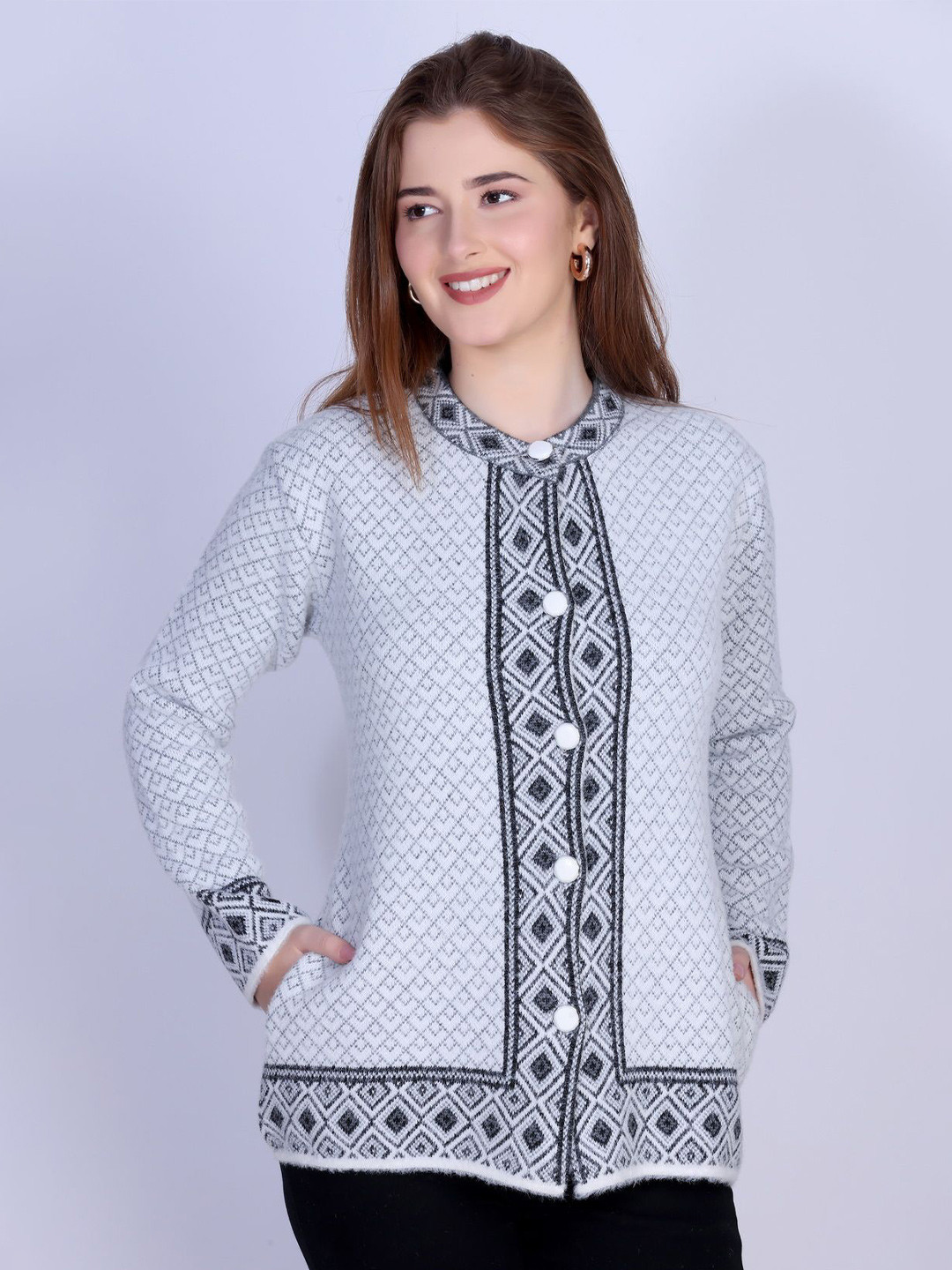 MONTREX Women Self Design Round Neck Button Closure Cardigan Sweater