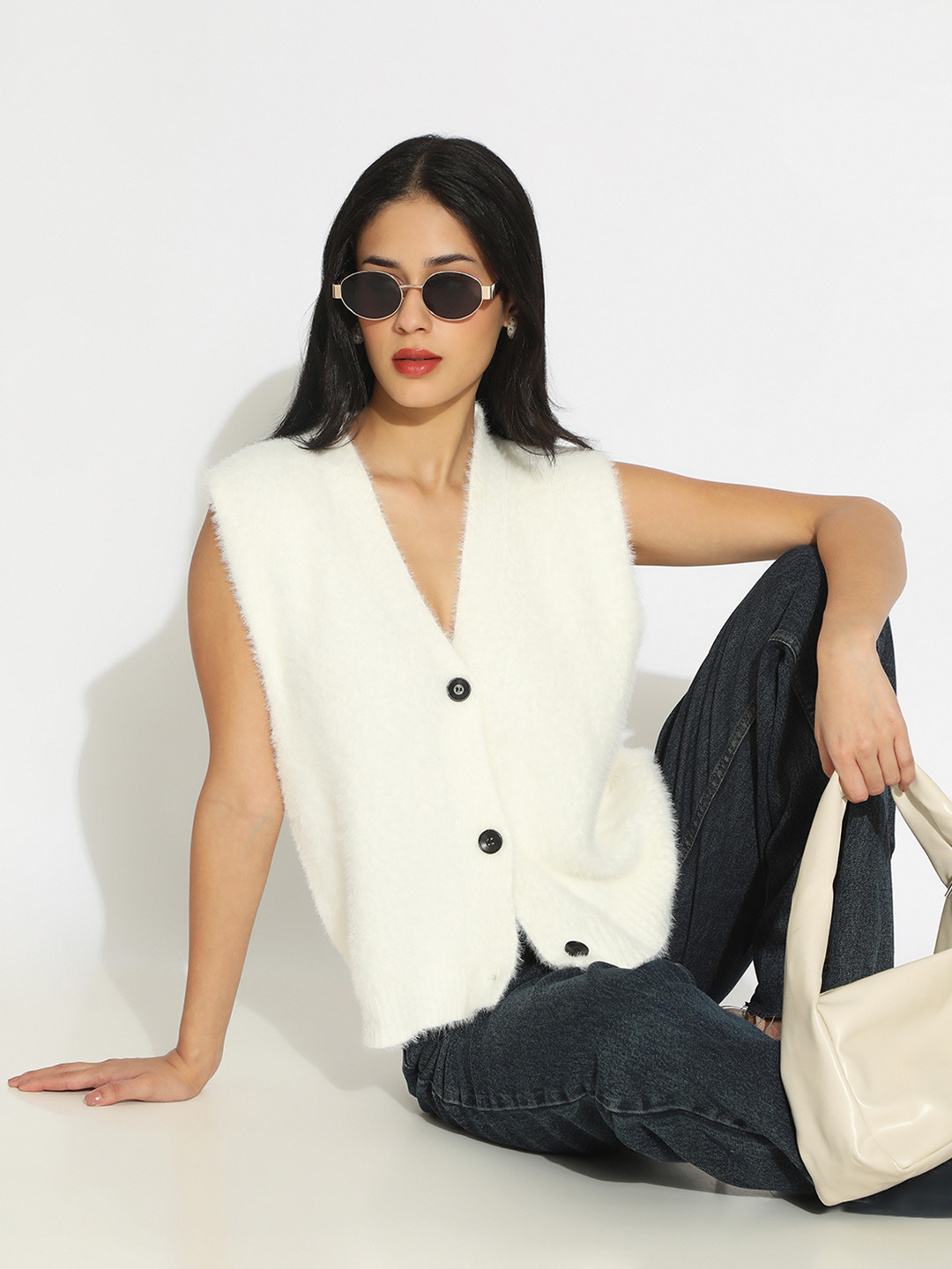 SHOWOFF Women Off White Center Front Open Sleeveless Woolen Top