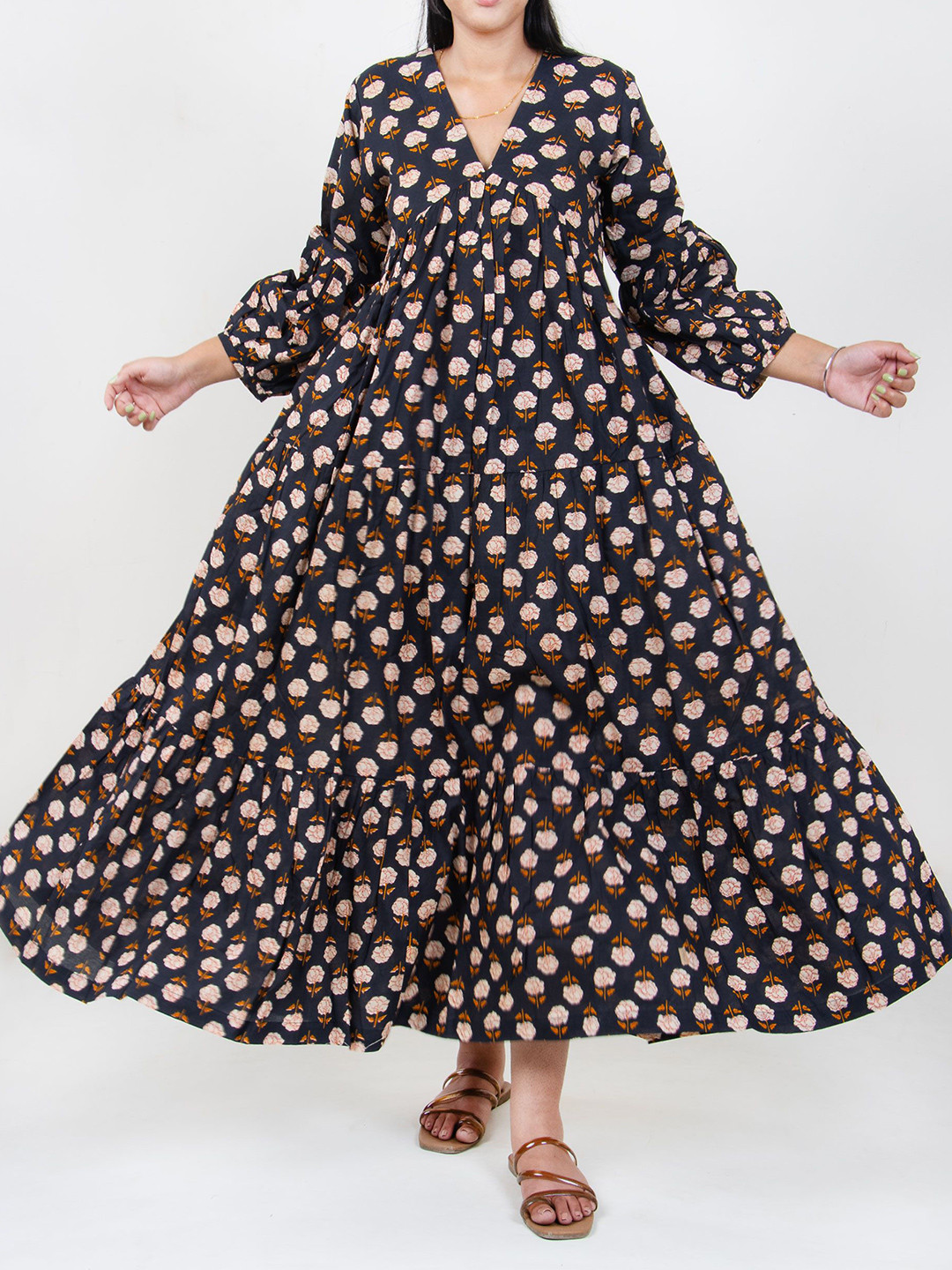 DMAASA Women Floral Print V-Neck Long Sleeves Plus Size Maxi Dress