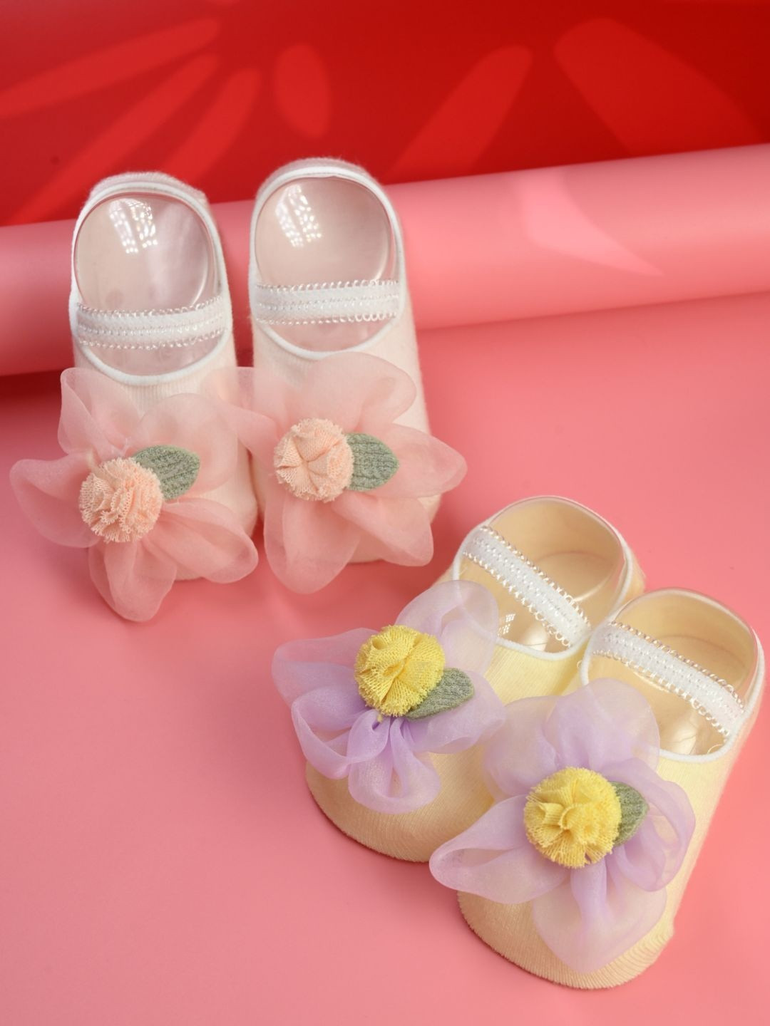 Yellow Bee Infant Girls Pack of 2 Cotton Ankle Length Socks  with Flower Applique