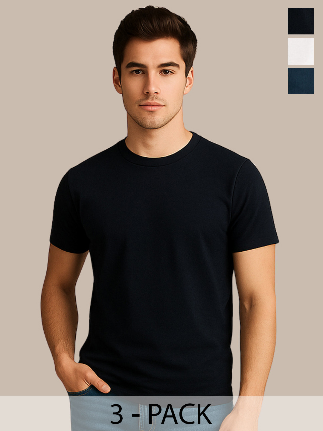 KART BLACK Men Pack Of 3 Plain Round Neck Regular-Fit Half-Sleeve T-Shirt