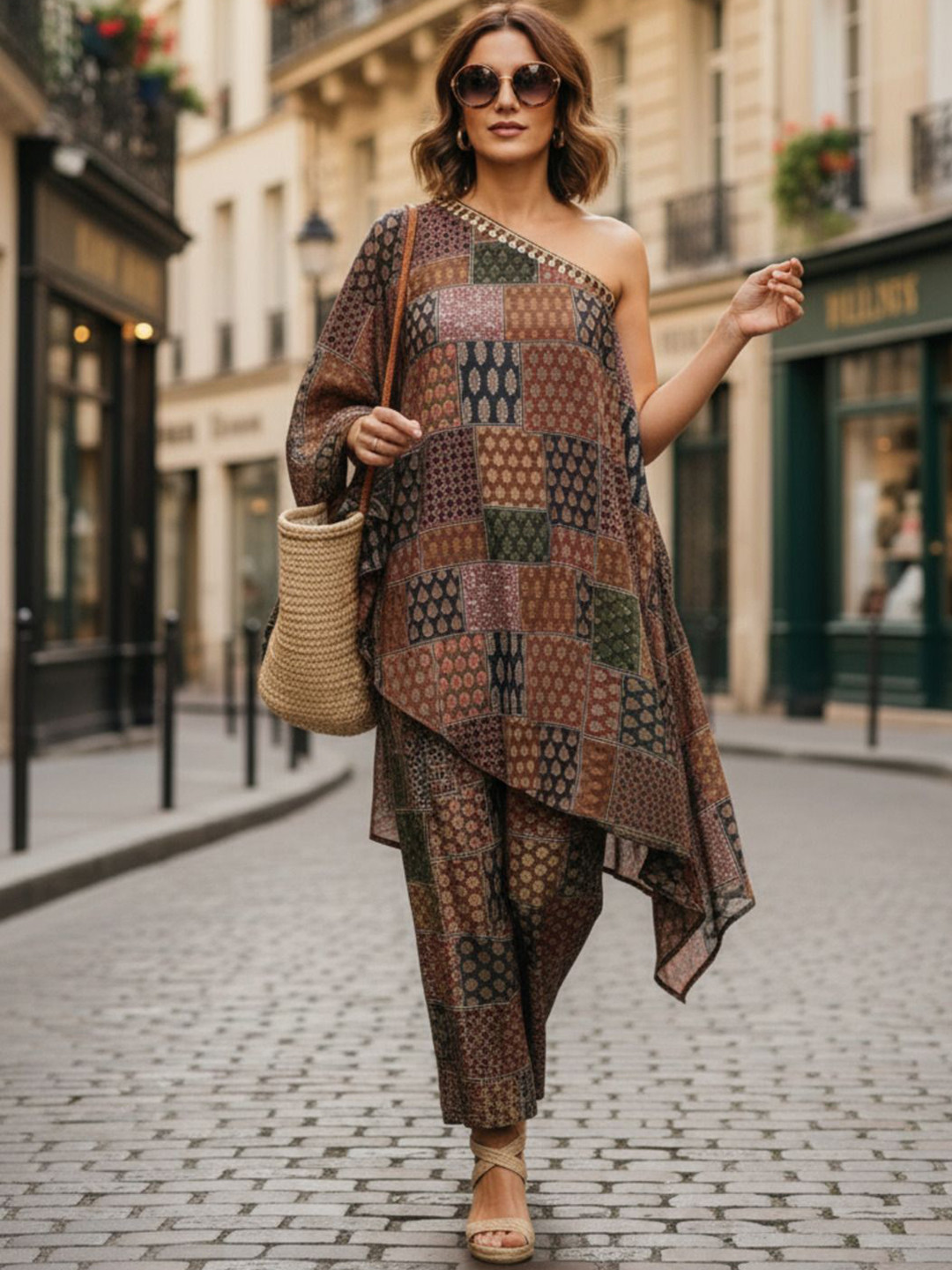 Loomfresh Ranaa Ajrakh Printed One Shoulder Pure Cotton Tunic & Palazzo