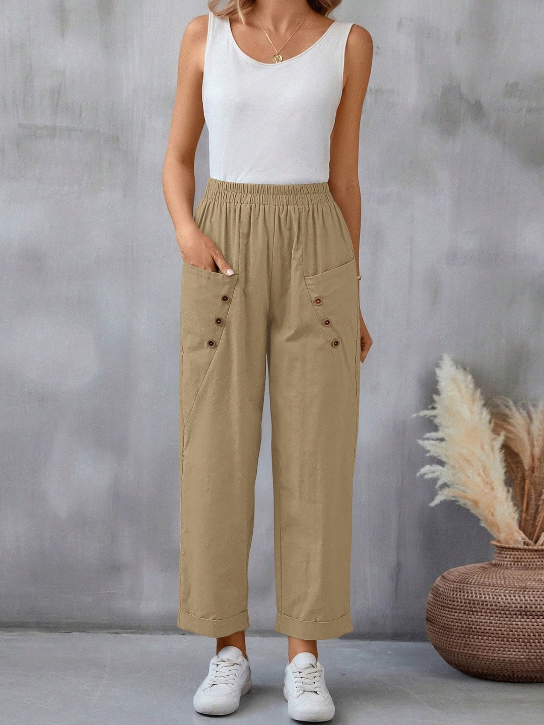 HERE&NOW Women Relaxed Mid-Rise Pure Cotton Cargos