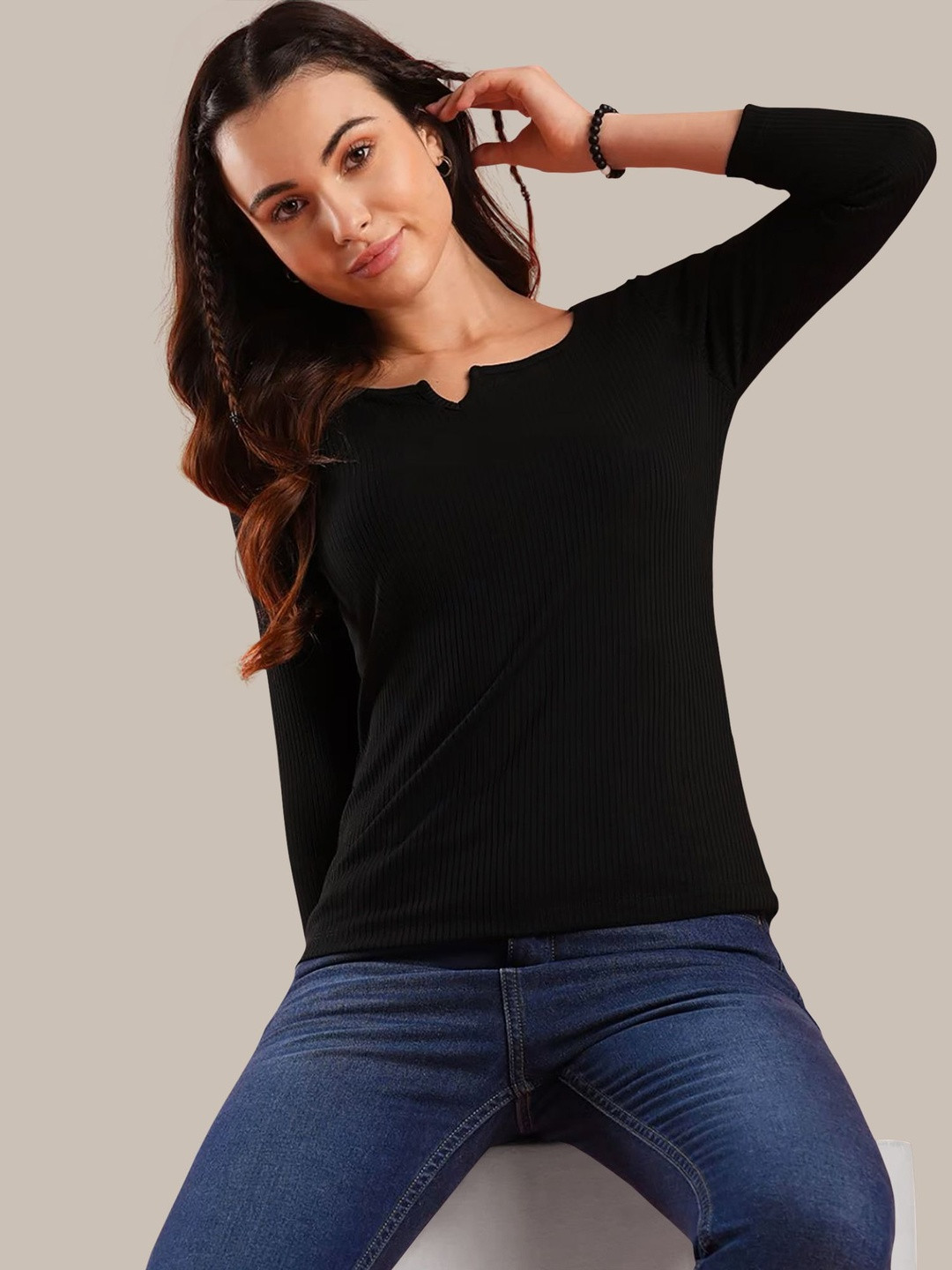 Maheshvi Women Trisha Round Neck Three-Quarter Sleeves Top