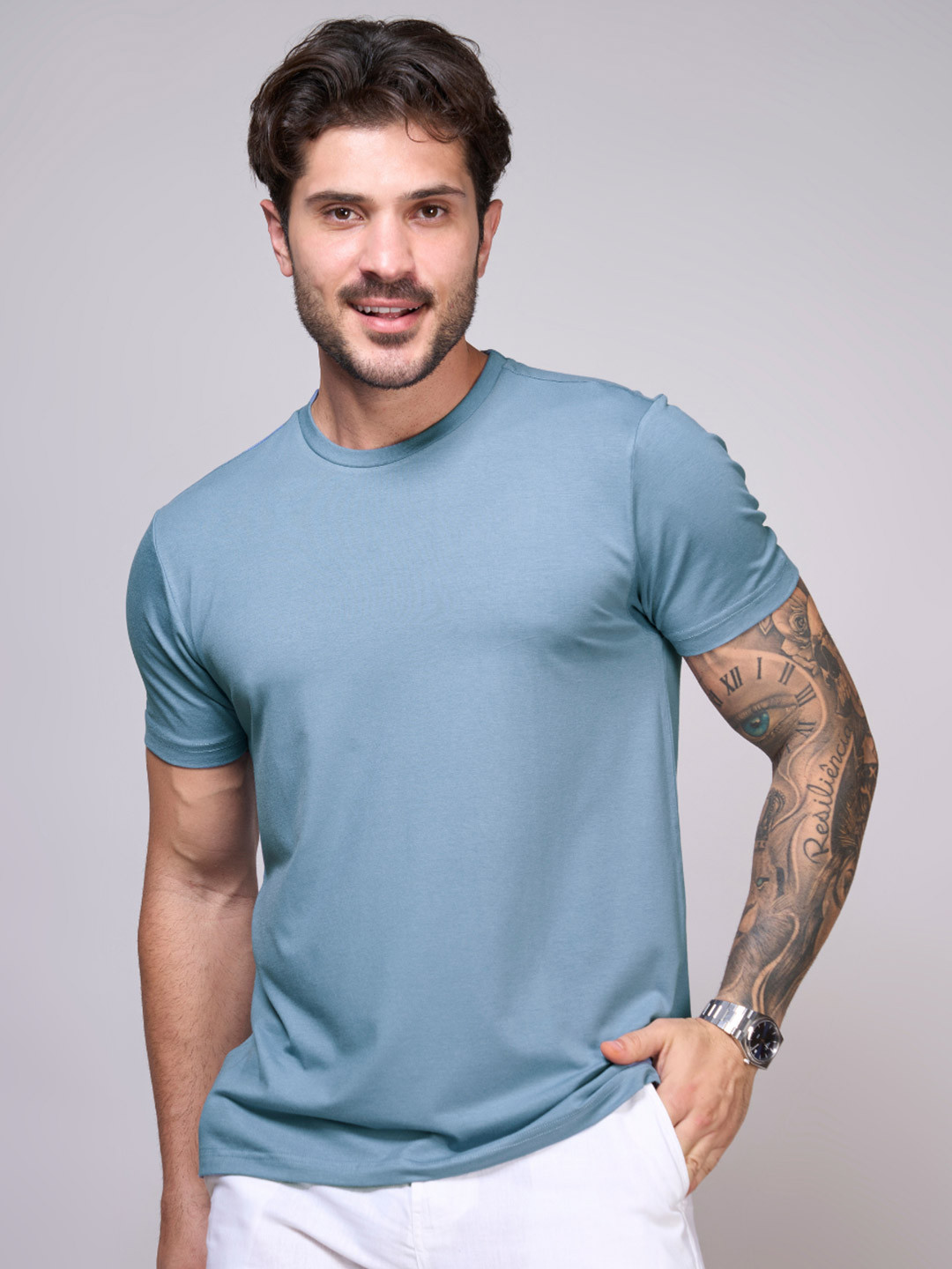 INTERWOVE Men Gravel Blue Solid Bamboo Cotton Slim Fit T-shirt