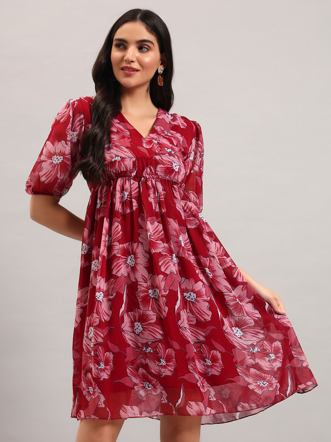 ROSEMELON Women V-Neck Floral Print Puff Sleeve A-Line Dress