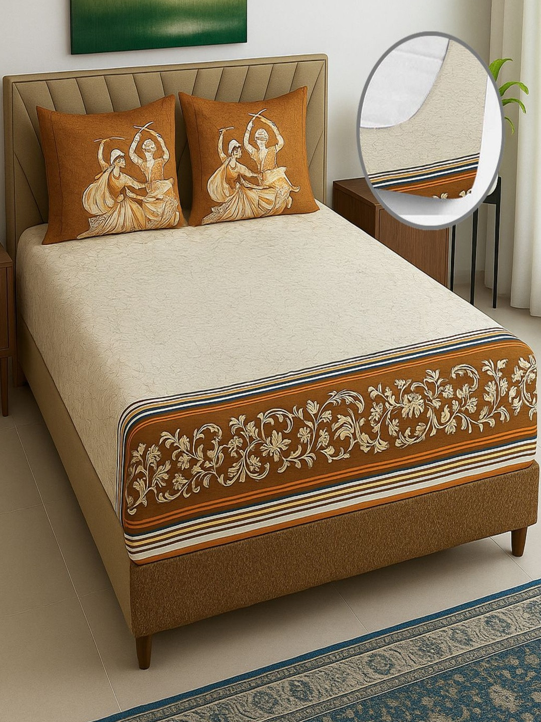 Threadwear Brown Printed 400 TC Cotton Super King Bedsheet Set 2.75 m x 2.75 m