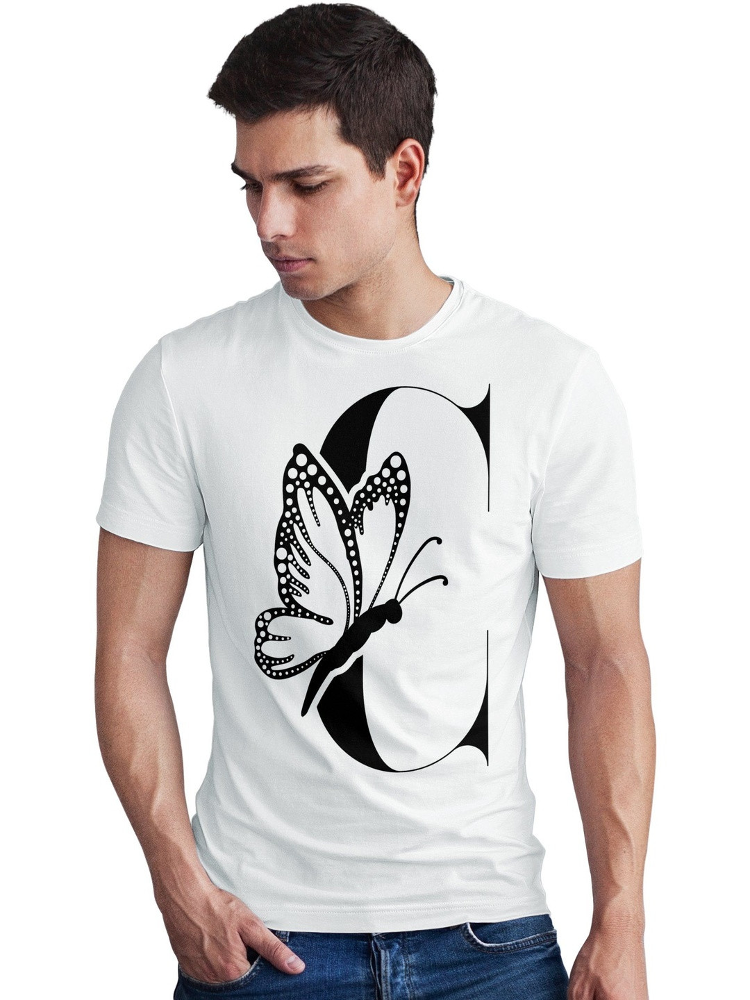 Seekbuylove Men Initial C Butterfly Printed Bio Finish Regular Fit T-shirt
