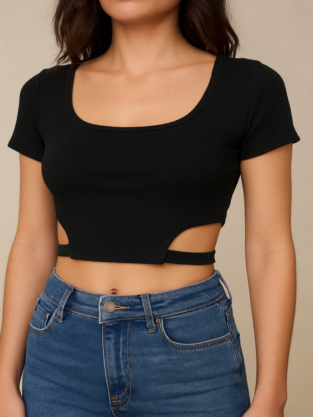 LA CHIC PICK Women Square Neck Pack Of 2 Cut Out Detail Crop Top