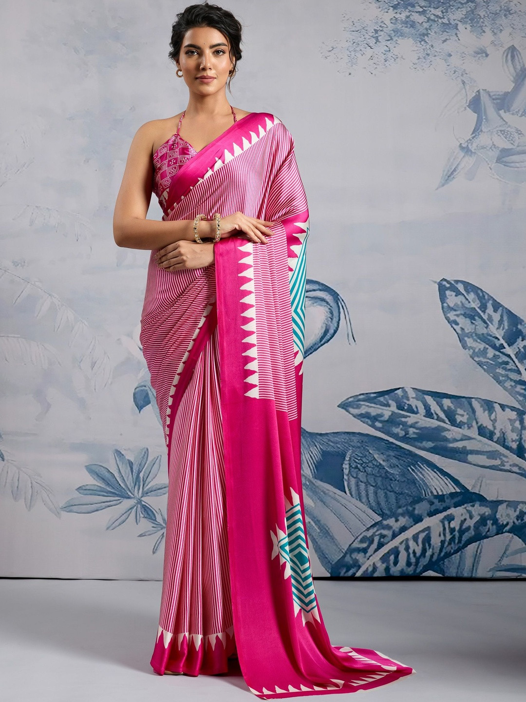 saretramall Geometric Printed Phulkari Pure Crepe Bagru Saree