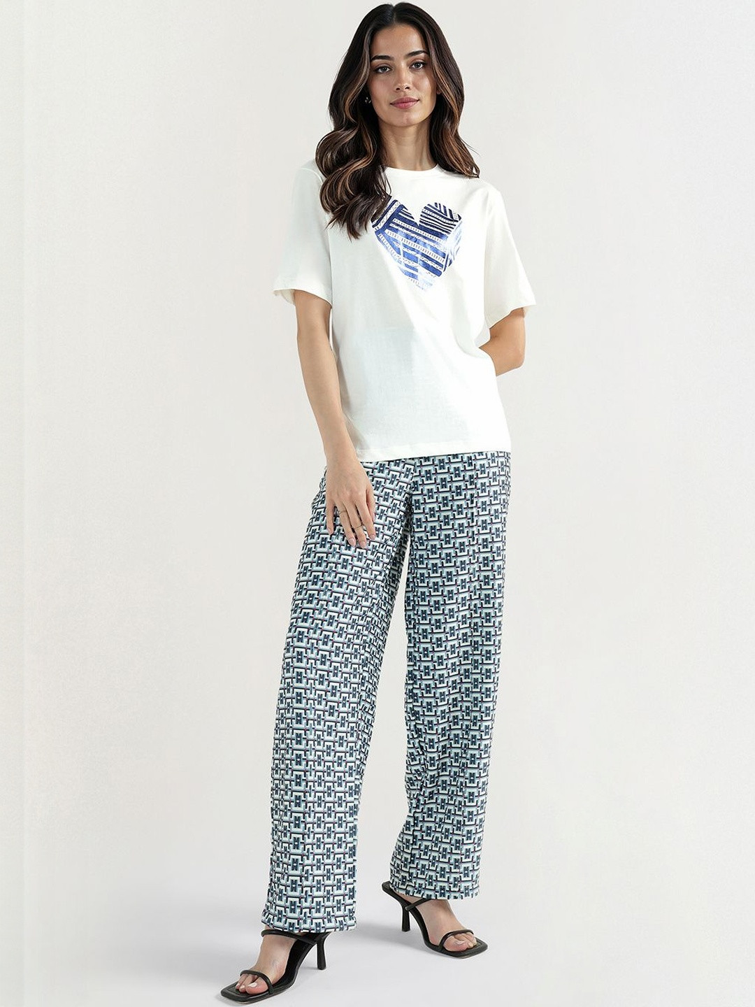 ELLE Printed Round Neck Drop-Shoulder Sleeves Pure Cotton T-shirt