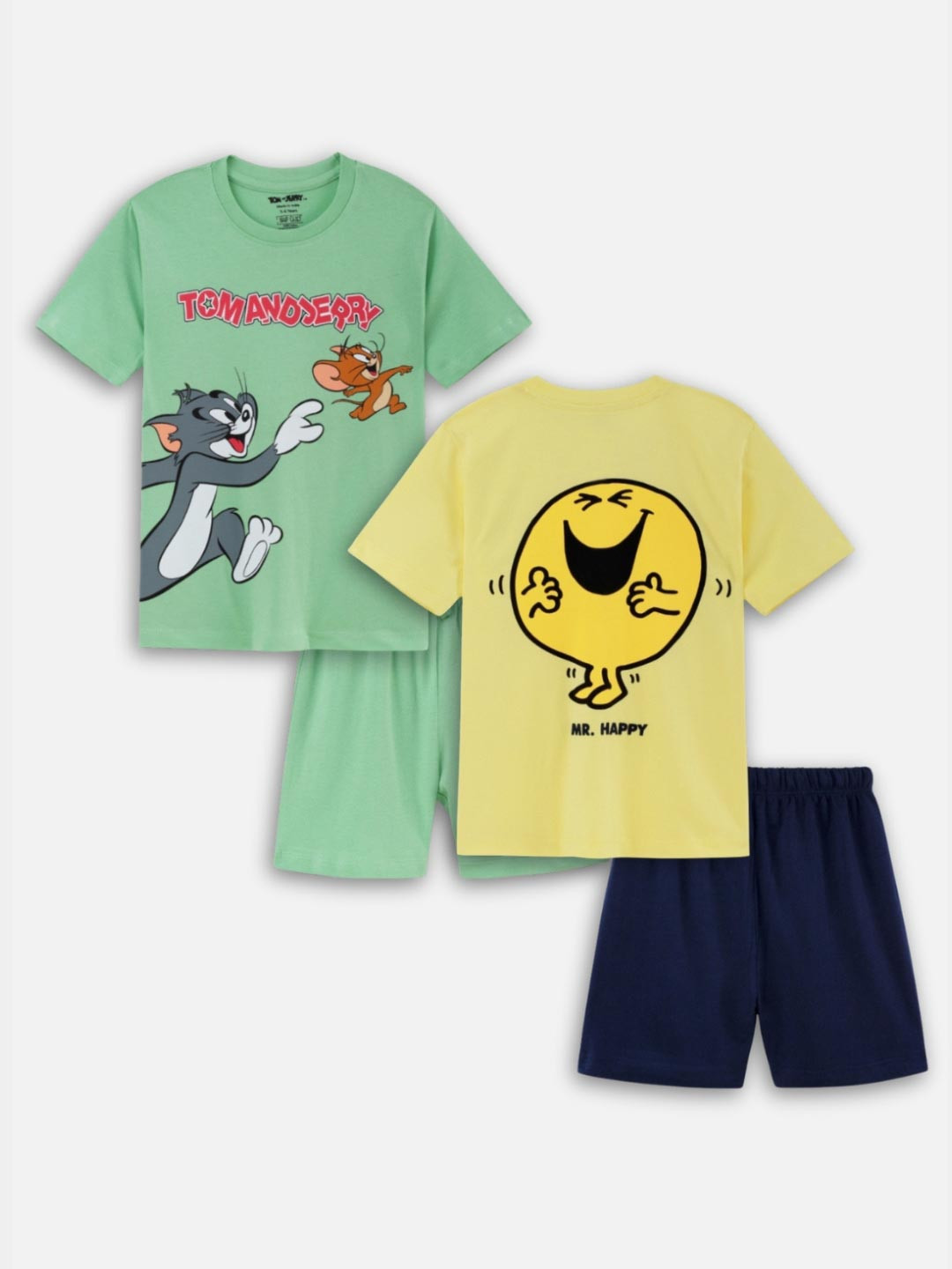 Nap Chief Kids Pack Of 2 Tom and Jerry and Mr.Happy Printed Pure Cotton T-shirt & Shorts