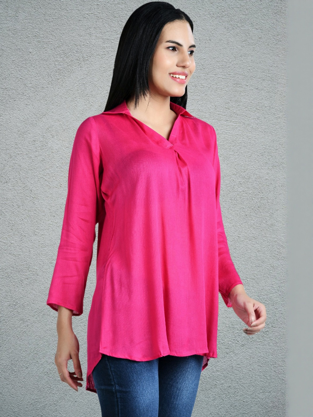 Coft Fuchsia Women Three-Quarter Sleeves Gathered or Pleated Shirt Style Tops