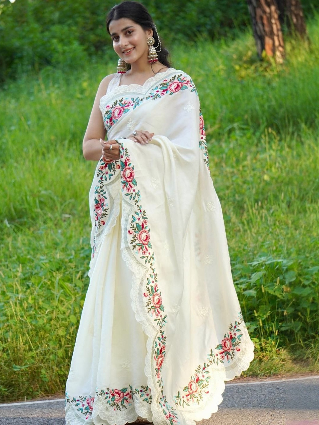 ARKIA Floral Embroidered Tussar Saree With Embellished Border