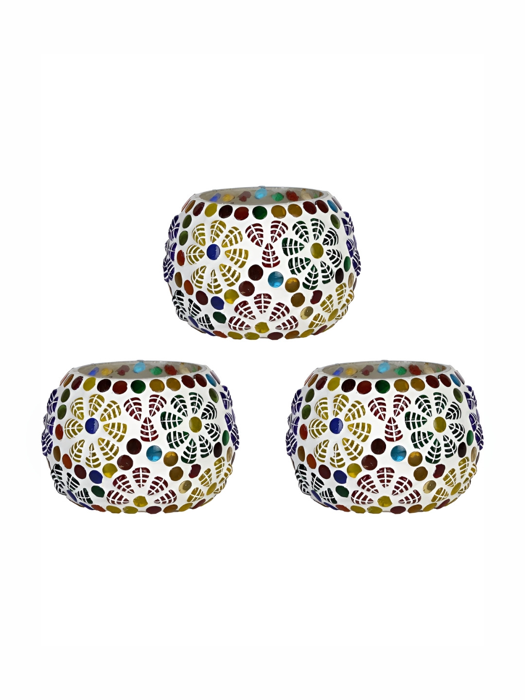 1ST TIME White & Red 3 Pieces Mosaic Glass Candle Holders