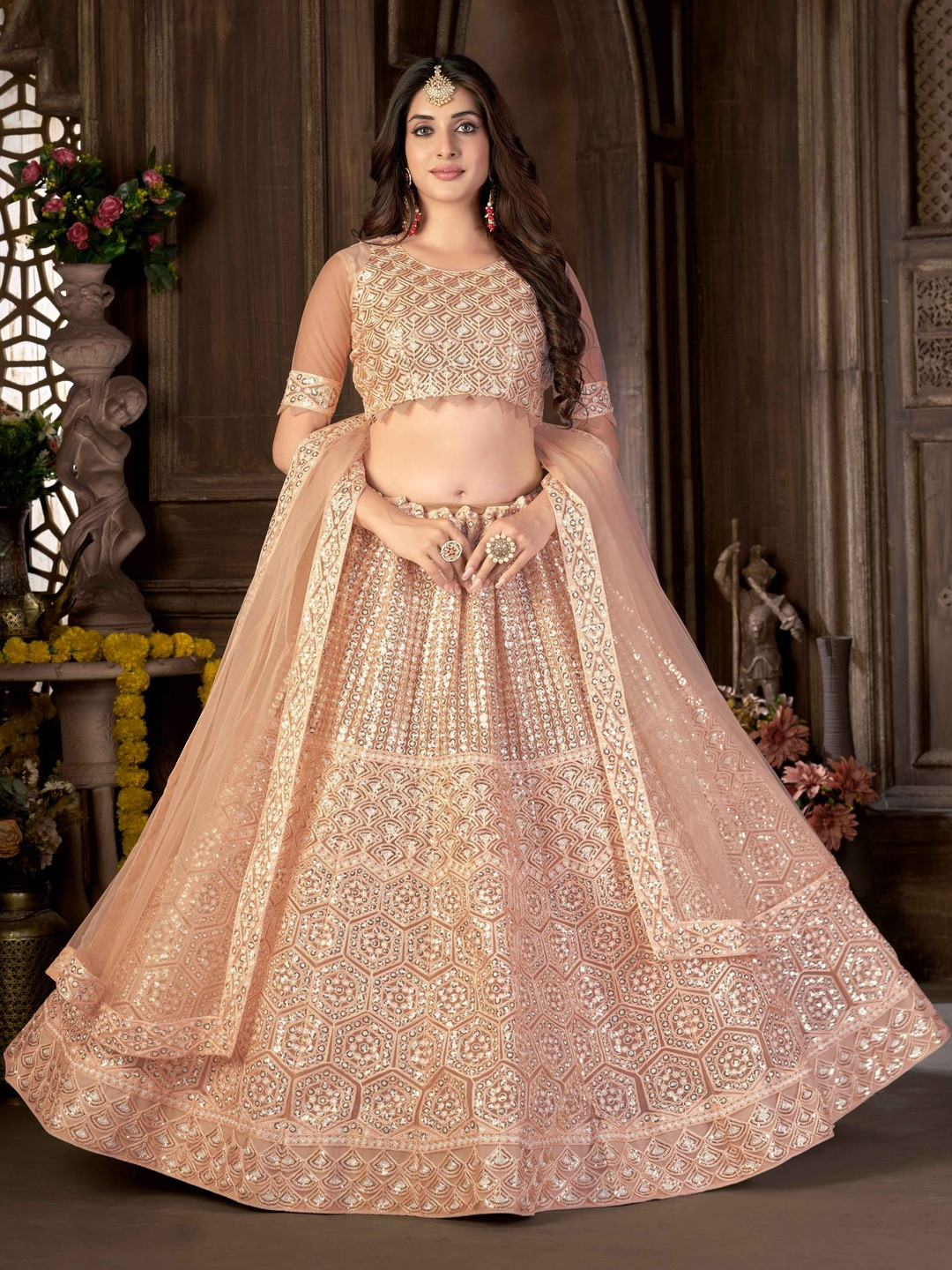 VARNI FABRICS Embroidered Net Semi-Stitched Lehenga & Unstitched Blouse With Dupatta