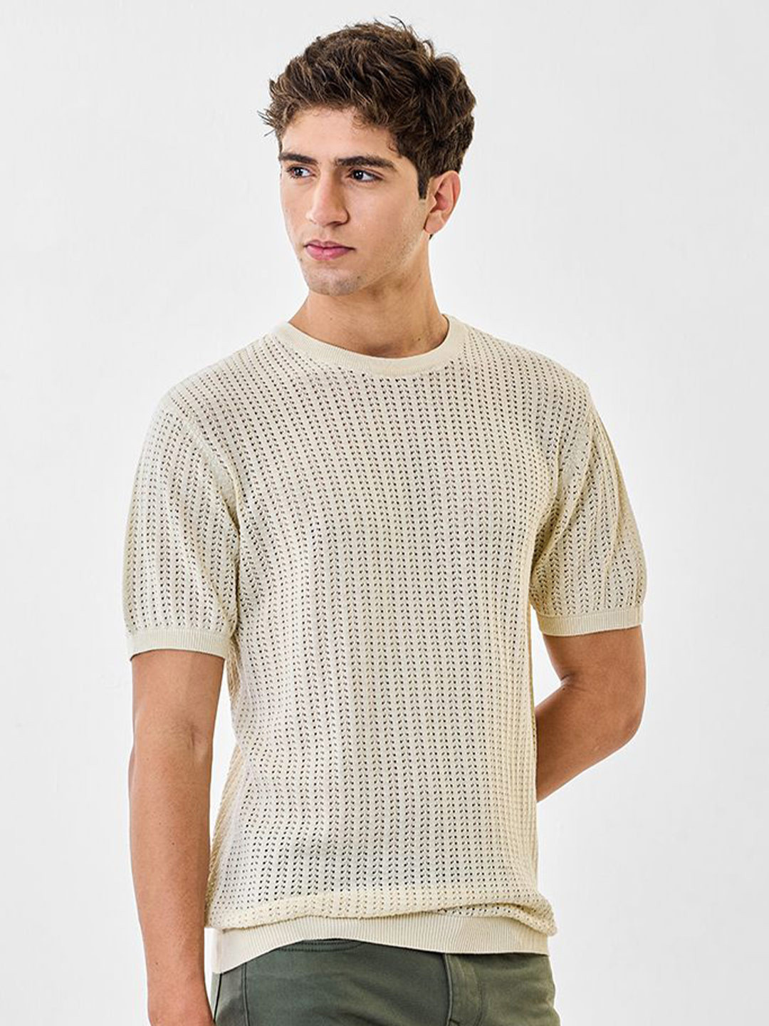 Snitch Men Off White Self Design Textured Pure Cotton Round Neck T-shirt