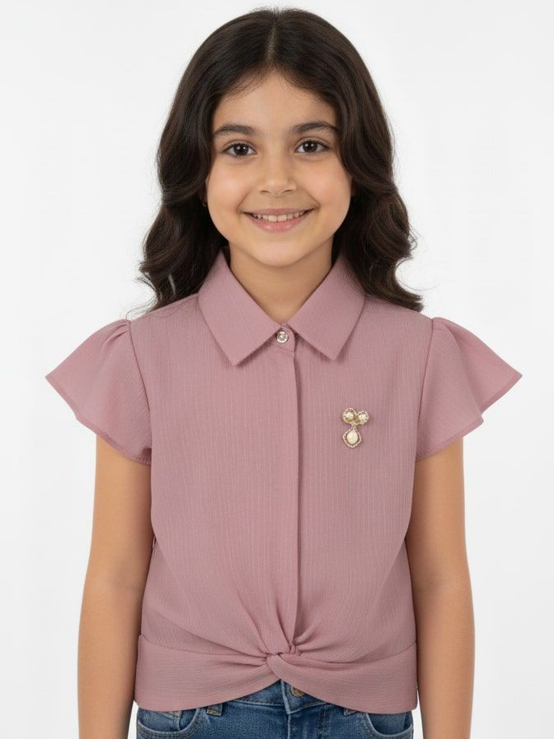 TRUFFLES Girls Shirt Collar Twisted Smocked Shirt Style Tops