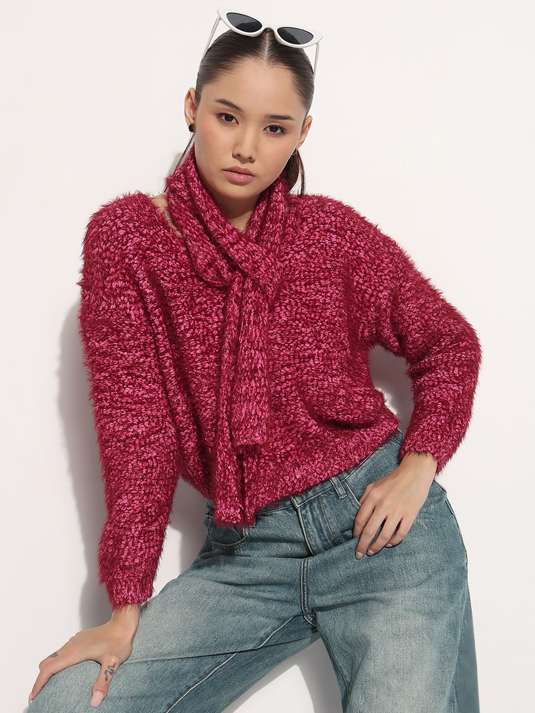 SHOWOFF Women Self Design Top with Scarf