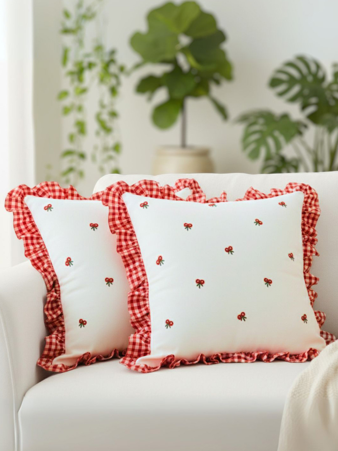SLEEPY THREADS 2 Pieces Red& White Embroidered Square Cotton Cushion Covers