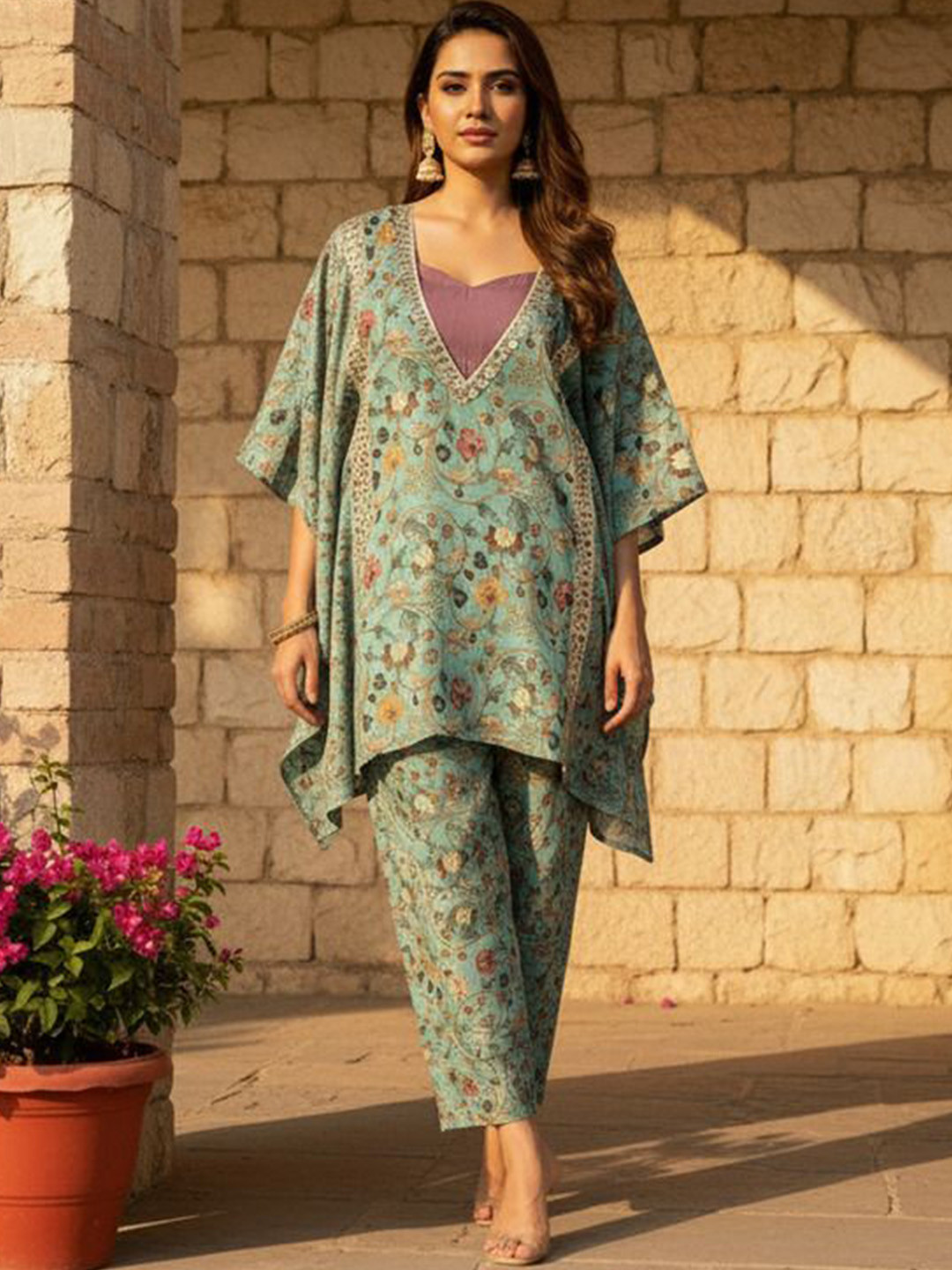 Loomfresh Zehra Floral Printed V-Neck Pure Cotton Tunic & Trouser & Inner Top