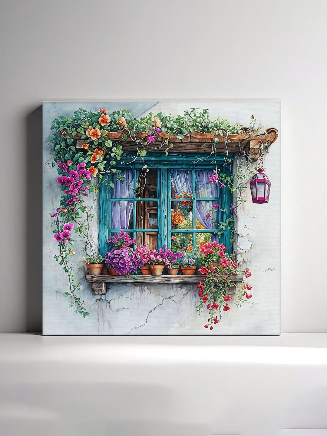 RANDOM White & Green Floral Window Scene Canvas Wall Art