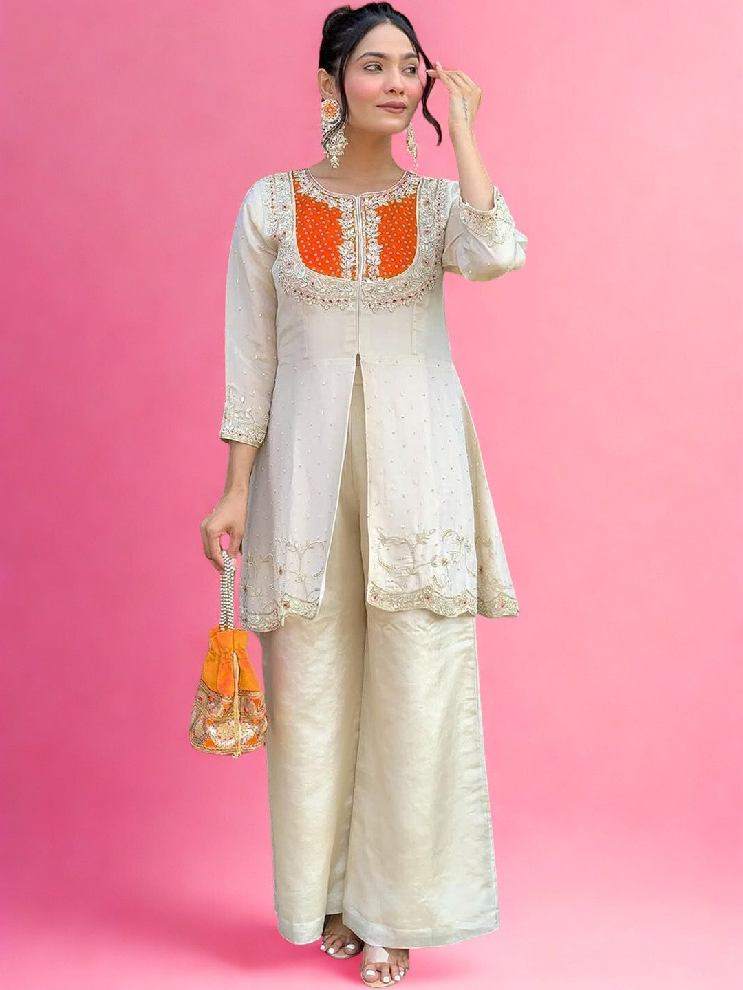 CREEPER Ethnic Motifs Embroidered Round Neck Panelled Sequinned A-Line Kurta With Palazzos