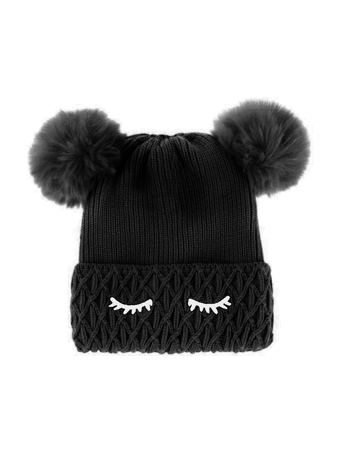 Infispace Kids Woolen Skull Beanie Cap with Fur Inside and Double Pompom Ears
