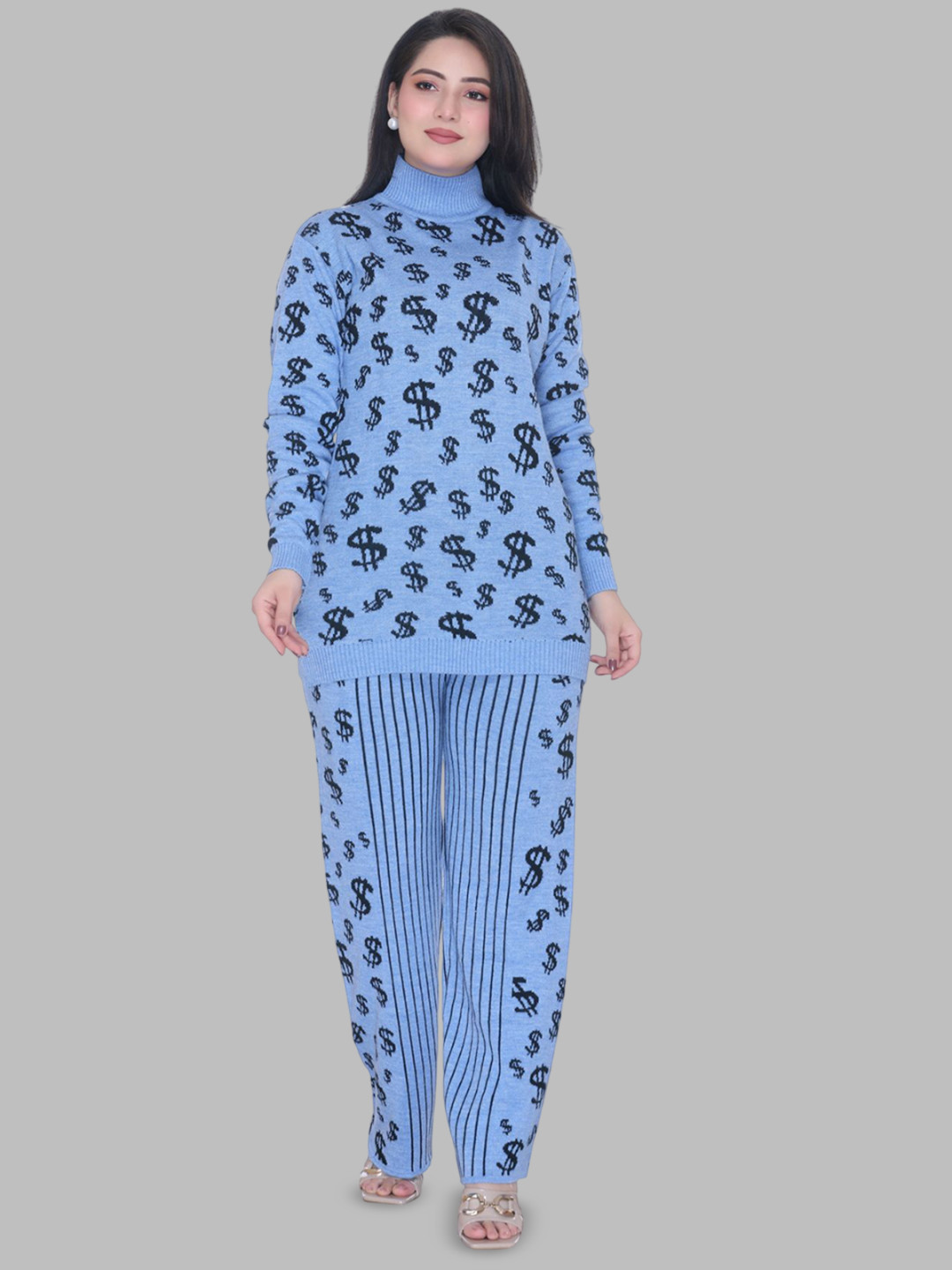 WOOL 4U Dollar Self Design Long Sleeves Sweater With Trouser
