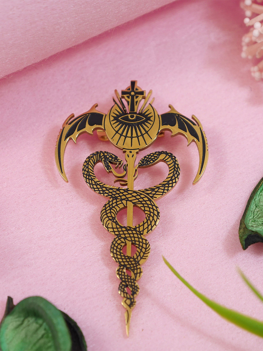 ADORN Unisex Stainless Steel Snake & Winged Eye Shaped Minimal Brooch