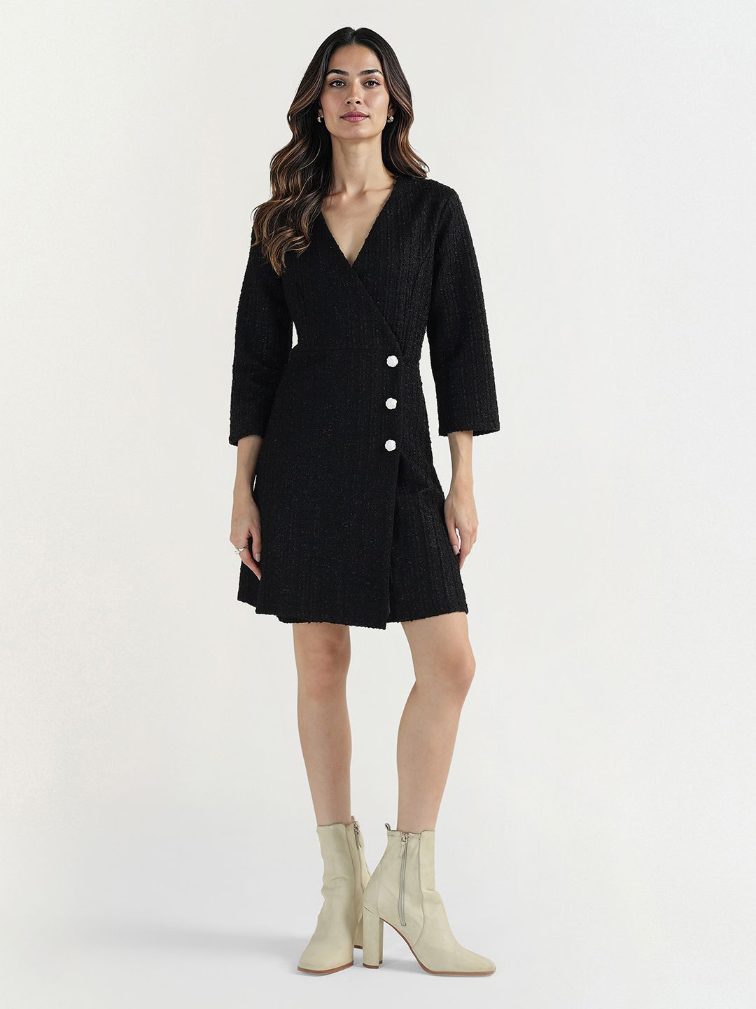 ELLE Women V-Neck Three-Quarter Sleeves Wrap Blazer Dresses Dress