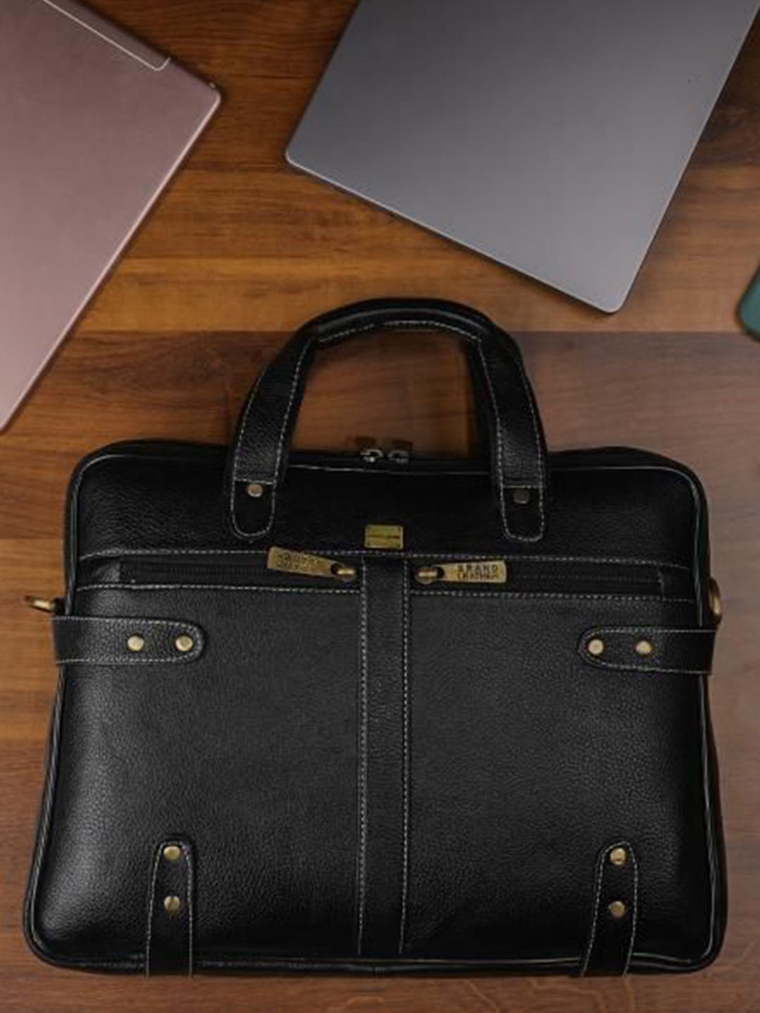 BRAND LEATHER Men Textured Two Handles Leather Laptop Bag