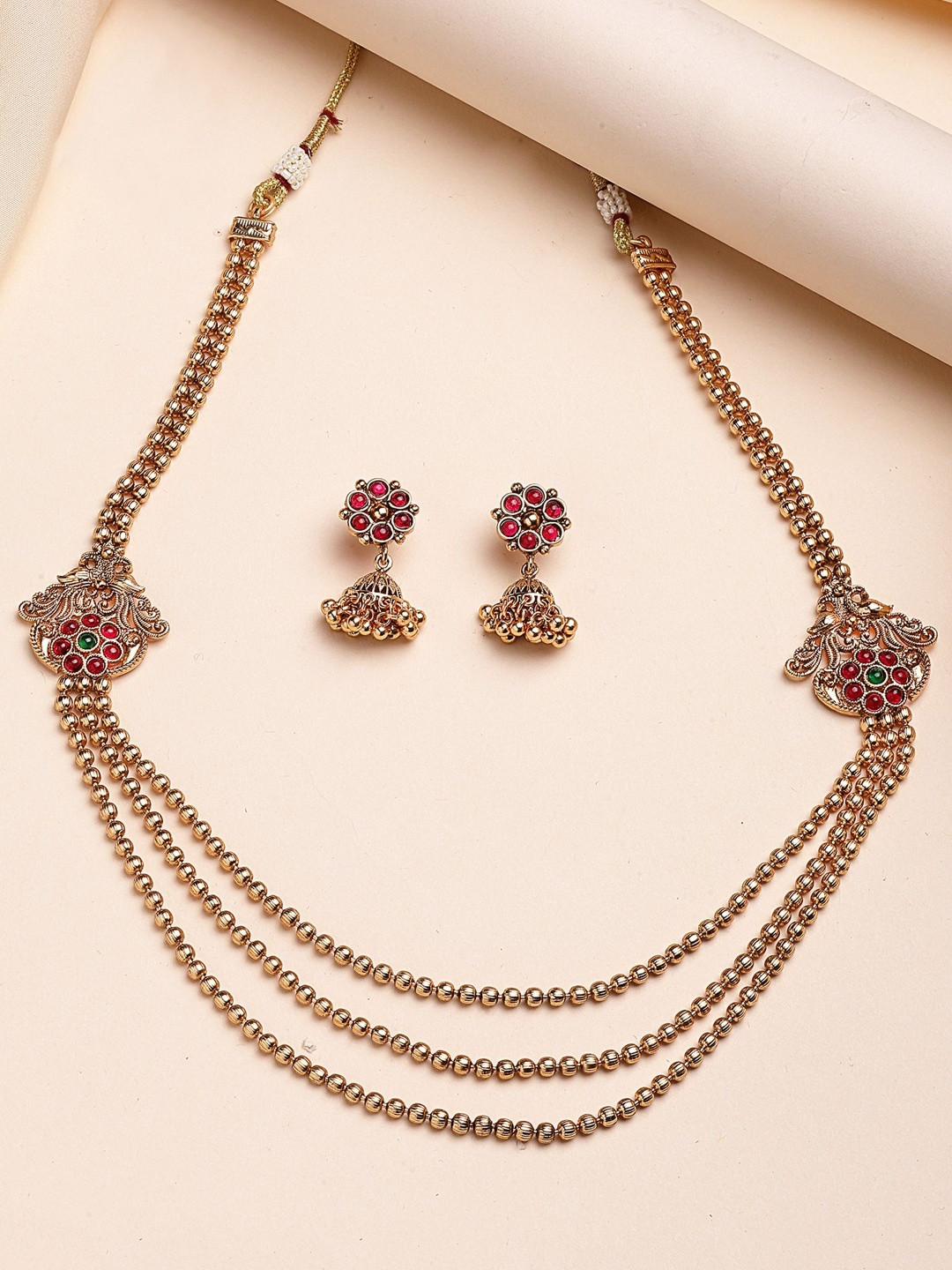 KARATCART Gold-Plated Studded & Beaded Traditional Triple Layered Temple Jewellery Set