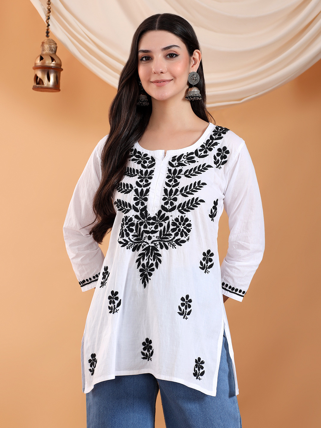 Poshak Chikan Studio Mahira Women White Embroidered Pure Cotton Kurti
