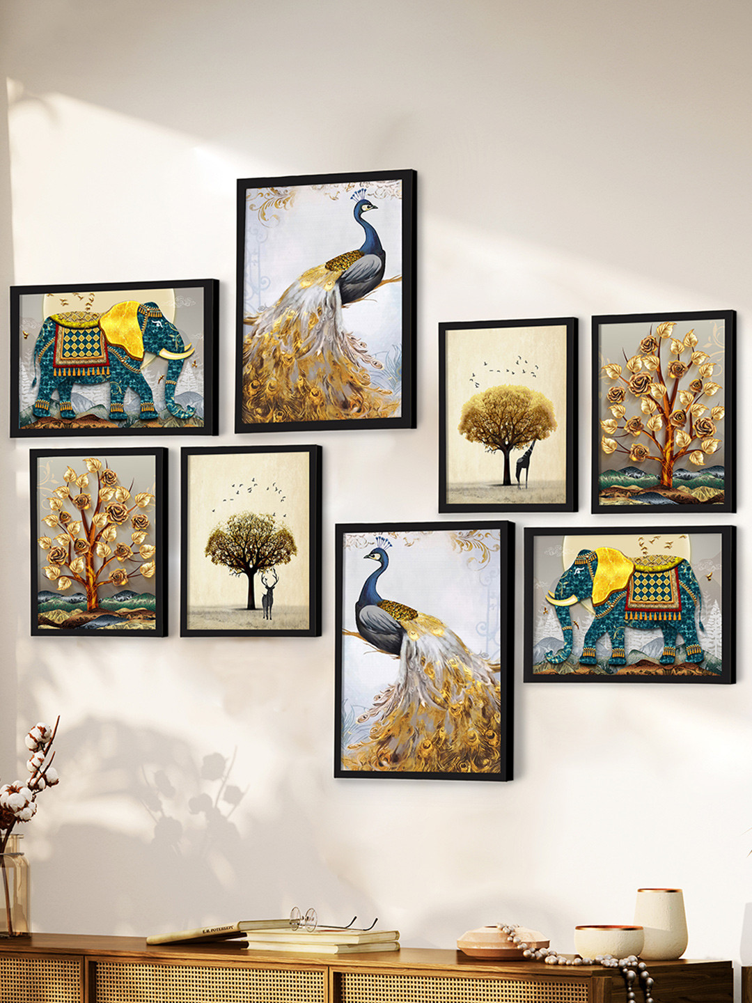 Art Street Peacock Wood 8 Piece Wall Rectangle Paintings Wall Art -33 x 52 In