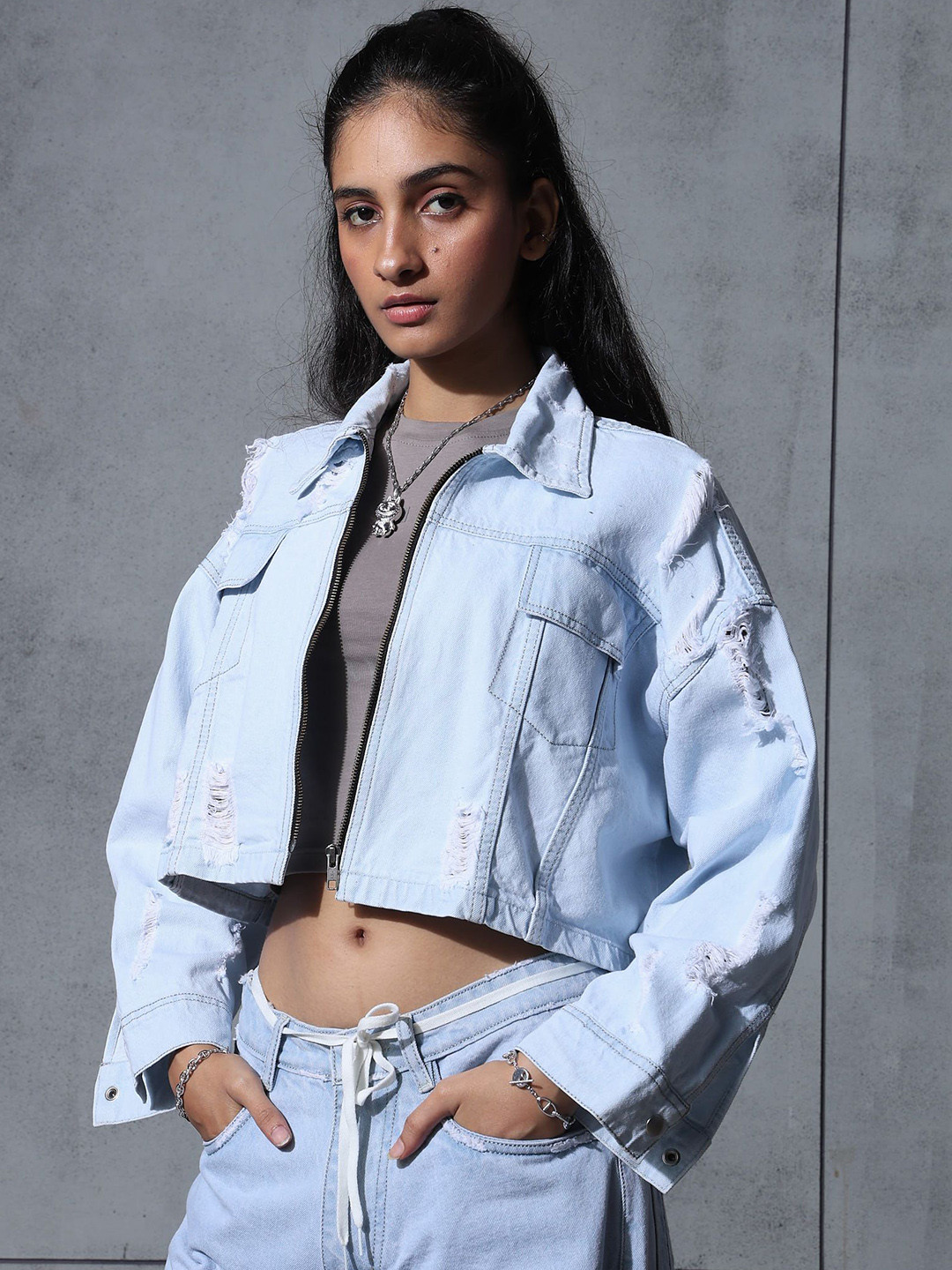 Chapter 2 Women Spread Collar Solid Denim Jacket