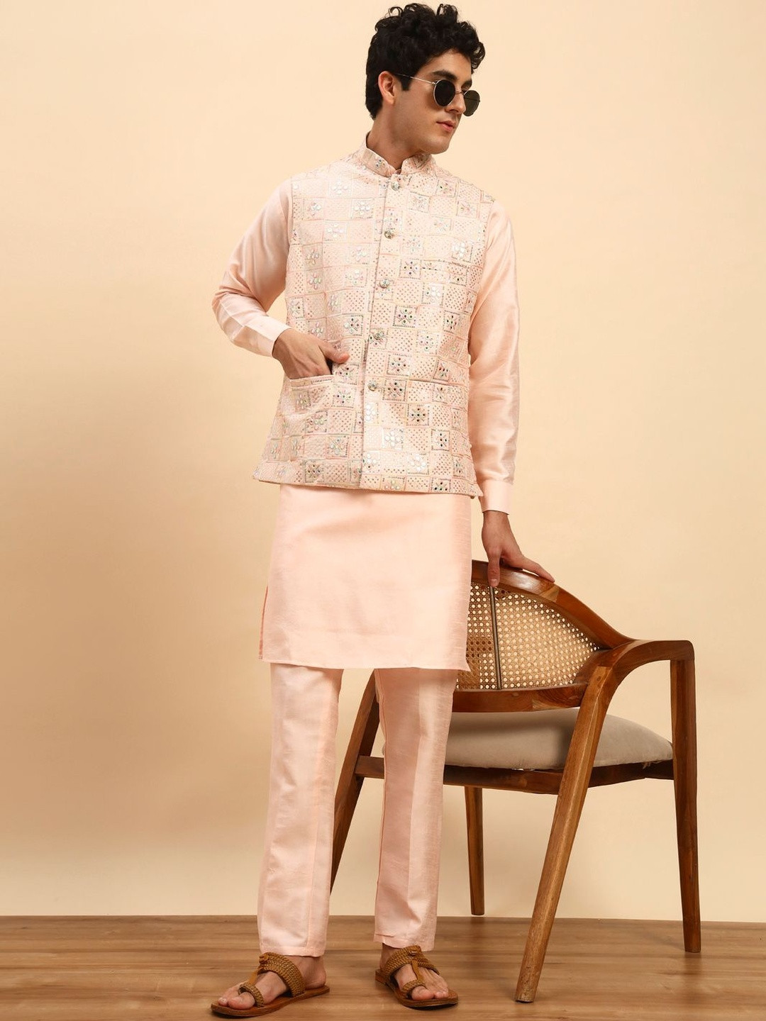 Pro-Ethic STYLE DEVELOPER Men Solid Silk Kurta with Trousers & Nehru Jacket