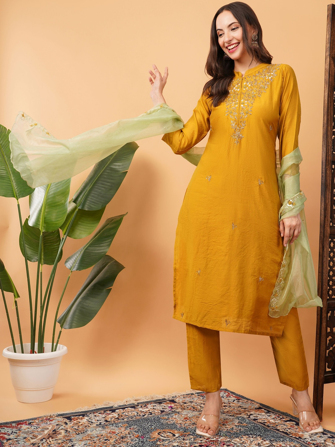 Prisachi Women Mustard Yellow Ethnic Embroidered Zardozi Kurta Set with Dupatta & Pants