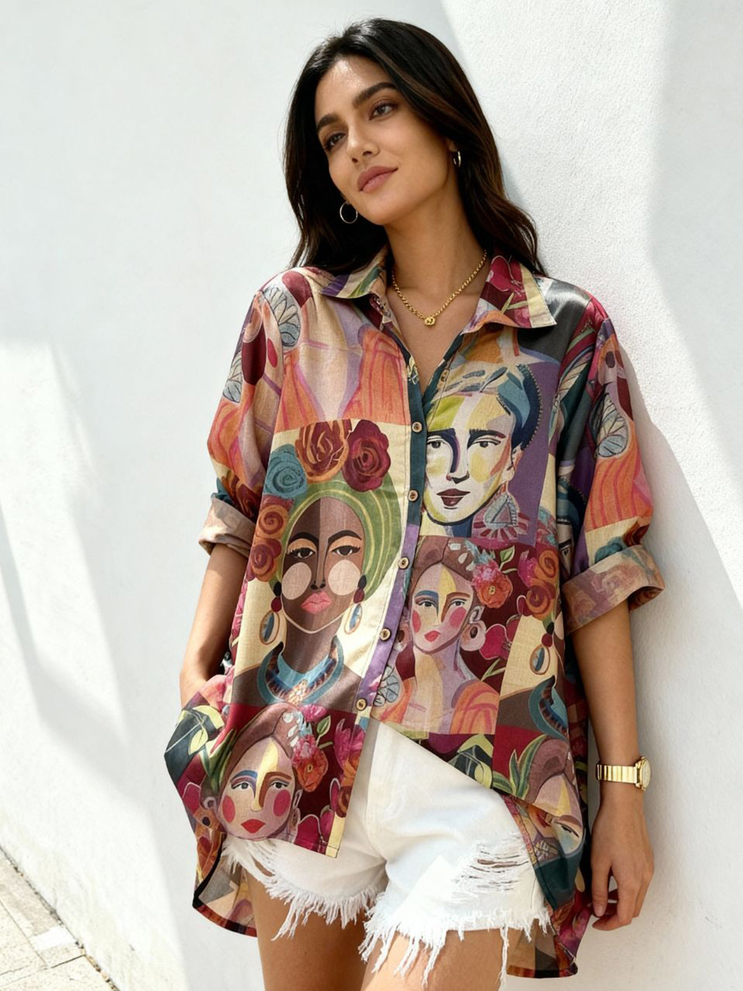 PIAAH Women Vibrant Art Print Mango Silk High-Low Shirt