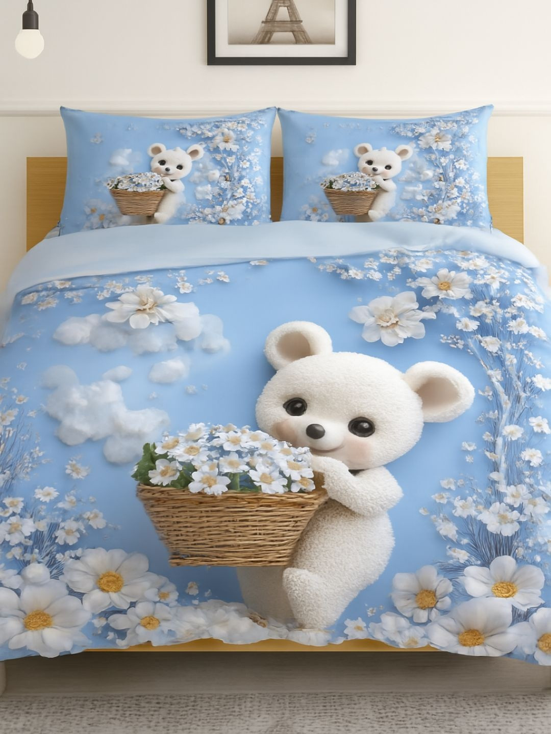 Bedbathandbliss Blue Cartoon Characters 300 TC Bedsheet 2.75 m x 2.75 m
