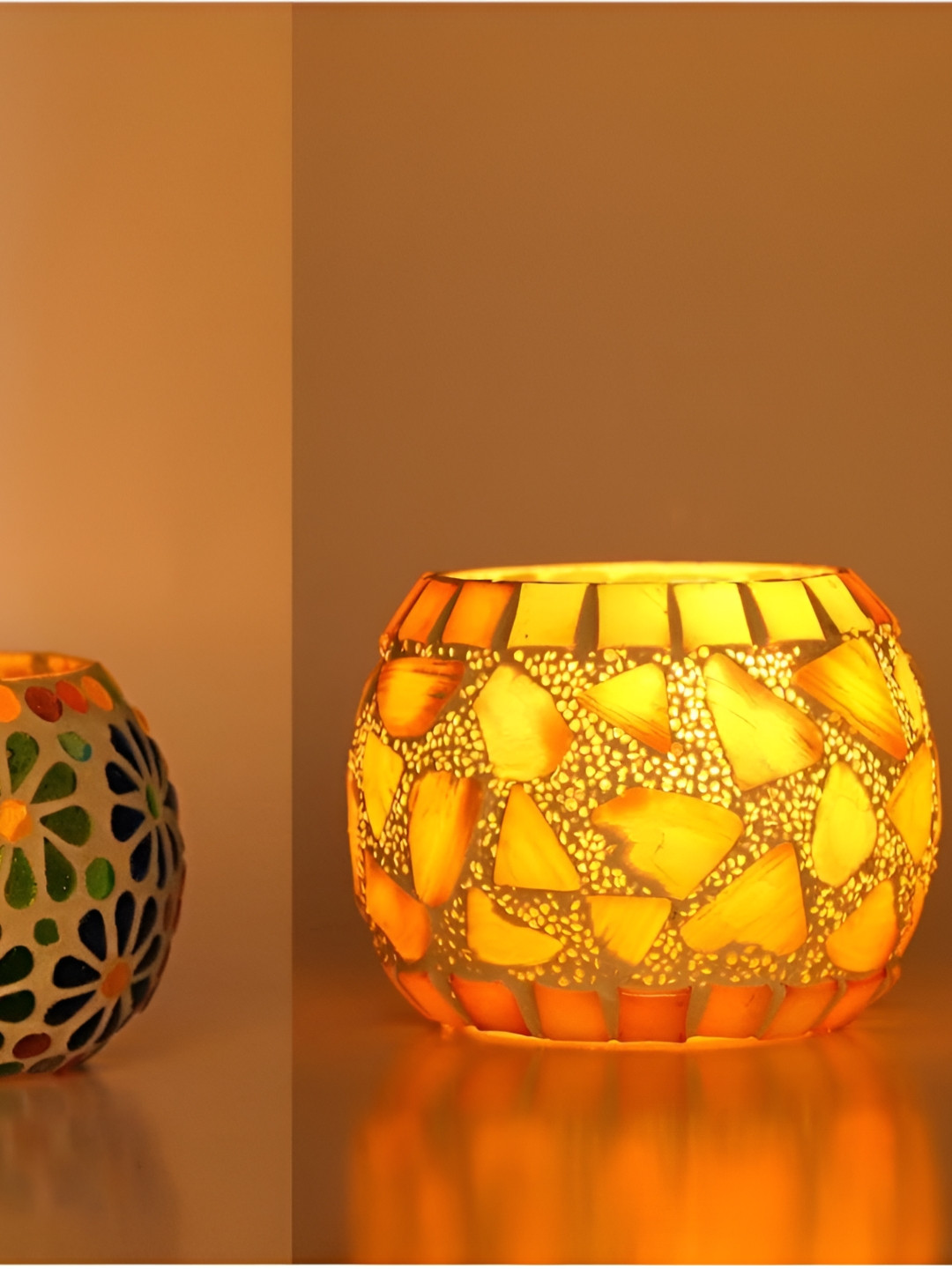 1ST TIME White & Yellow 2 Pieces Textured Glass Candle Holders