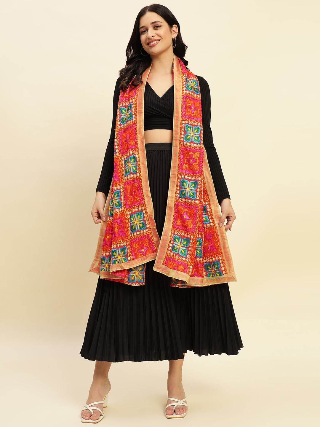 WEAVERS VILLA Floral Embroidered Taping Dupatta