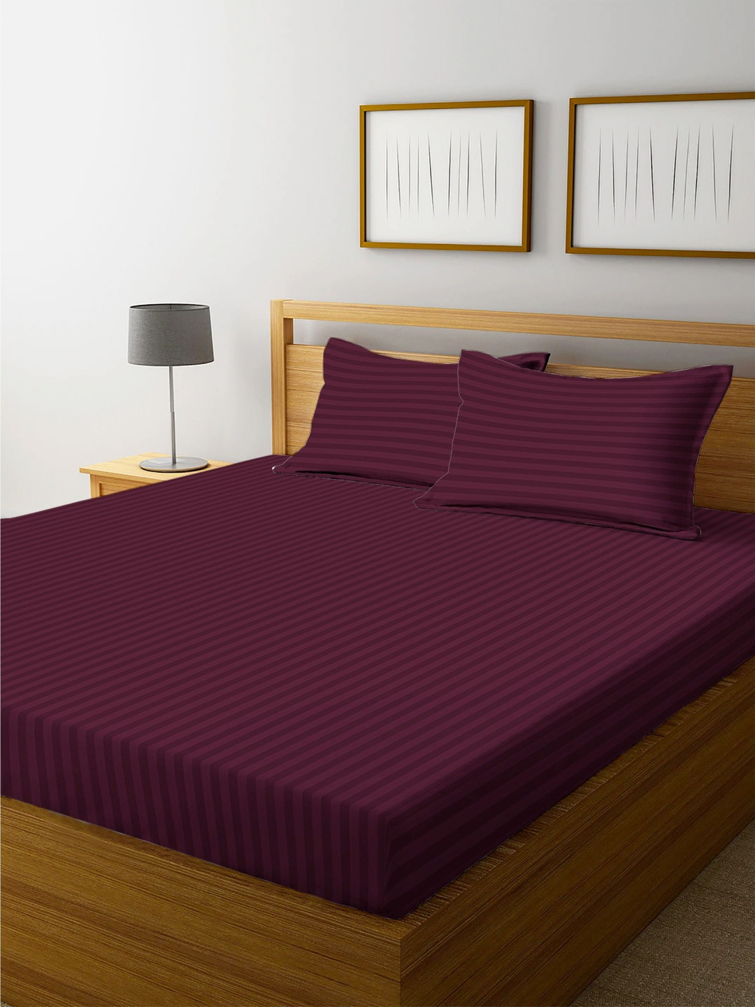LUZDECOR Purple Striped 240 TC Queen Bedsheet Set 2.29 m x 254 m